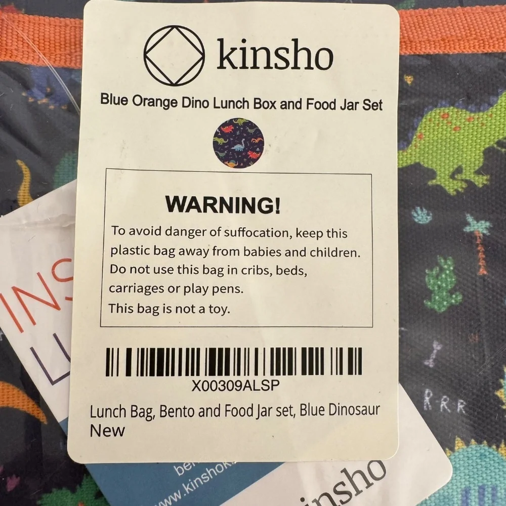Kinsho Bento Blue Orange Dinosaur Insulated Lining Lunch Box Thermo Ice Pack NEW